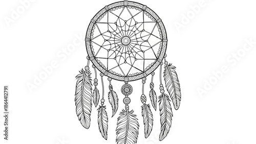 Intricate Line Art Illustration of a Traditional Dreamcatcher with Feather Details