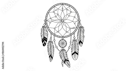 Intricate Black and White Dreamcatcher Illustration with Feathers and Geometric Design