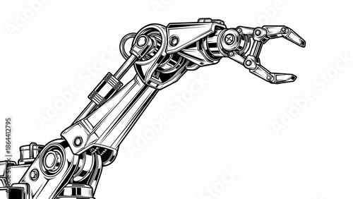 Detailed black and white technical illustration of a robotic arm with articulated joints and