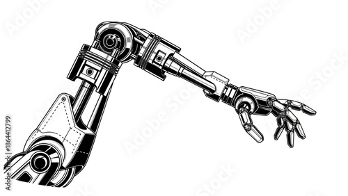 Intricate black and white illustration of a robotic arm extending with detailed mechanical joints