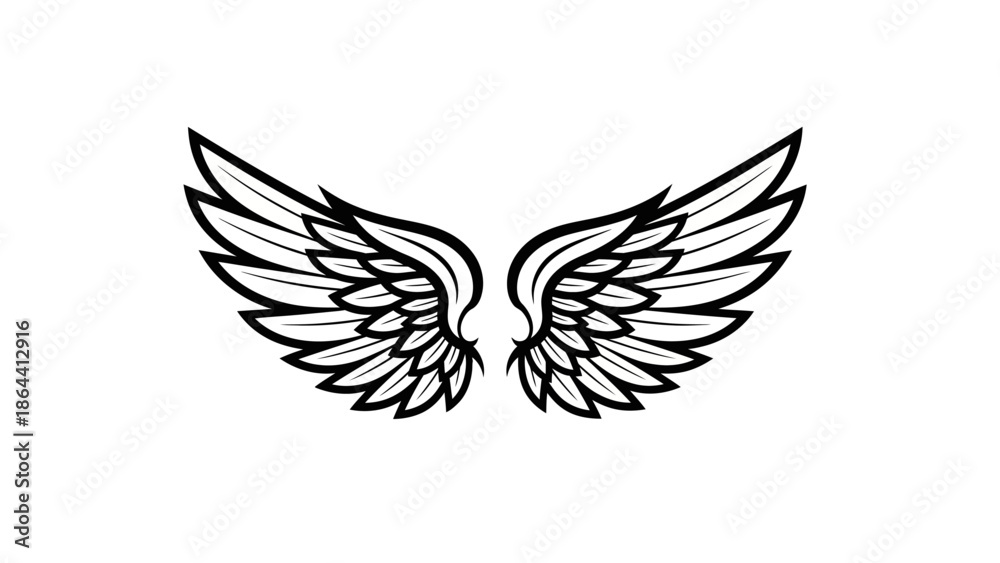 Fototapeta premium Stylized black and white wing illustration with intricate feather details conveying freedom and