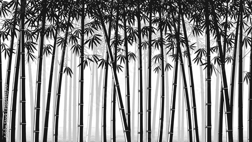 serene monochrome bamboo forest scene highlighting tall slender stalks and delicate leaves for