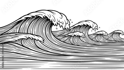 Intricate black and white illustration of dynamic ocean waves with flowing lines and detailed foam