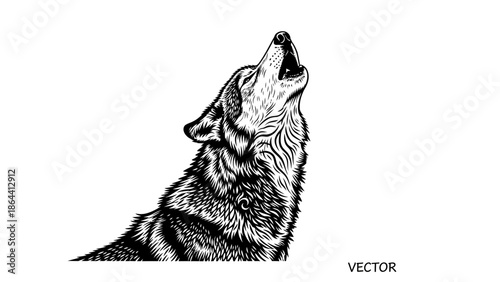 Elegant black and white vector illustration of a howling wolf with detailed fur and expressive