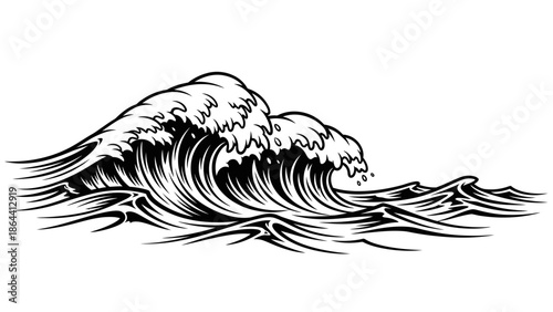 Dynamic monochrome wave illustration emphasizing powerful ocean currents and fluid motion