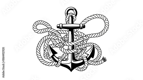 Intricate nautical tattoo design featuring an anchor intertwined with detailed rope and knot