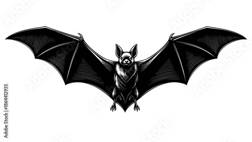 Stylized black and white bat illustration with detailed wings and distinct features for artistic