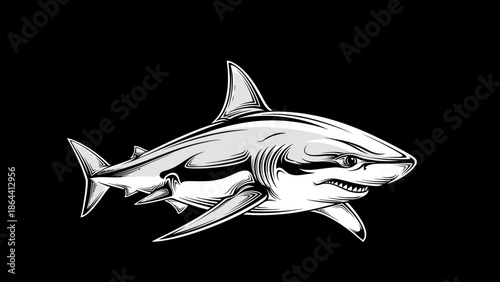 Stylized illustration of a fierce shark with detailed line work on a dark background
