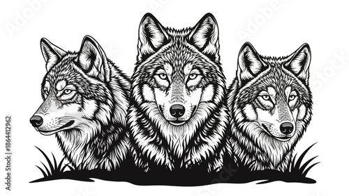 Intricate Line Art Illustration of Three Wolves in a Natural Setting Highlighting Wildlife Beauty