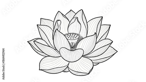 Intricate line drawing of a delicate lotus flower with detailed petal outlines and seed pod in