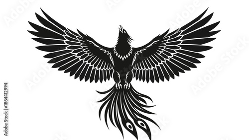 Intricate black silhouette of a majestic phoenix with outstretched wings and detailed tail