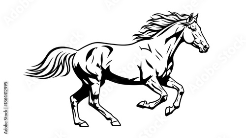 Dynamic black and white illustration of a galloping horse capturing motion and energy