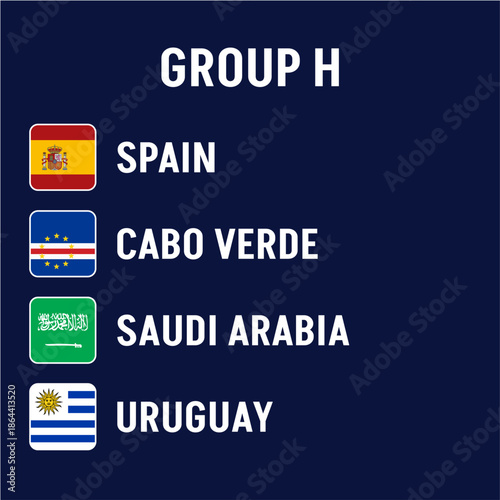 Group H teams of the 2026 World Football Championship featuring Spain, Cabo Verde, Saudi Arabia and Uruguay, highlighting national flags and an international competition lineup