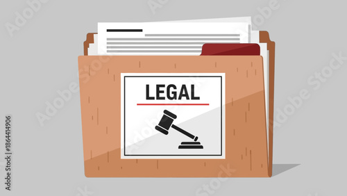 Legal Document Filing Folder with Files and a Gavel Symbol Signifying Law and Justice in an Office