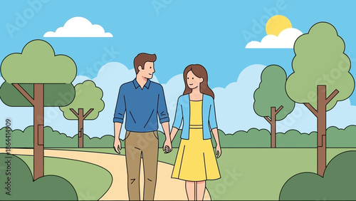 romantic couple walking hand in hand through a lush park during daytime with vibrant trees and