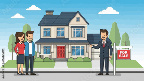 Real estate agent presenting a suburban home for sale with a couple viewing the property under a