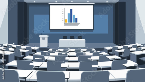 Modern conference room setup with presentation screen and organized seating arrangement for