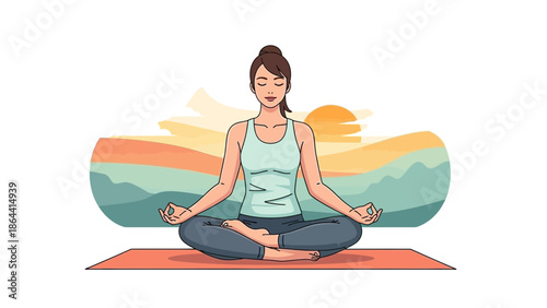 Serene woman practicing meditation outdoors during sunset with tranquil scenery