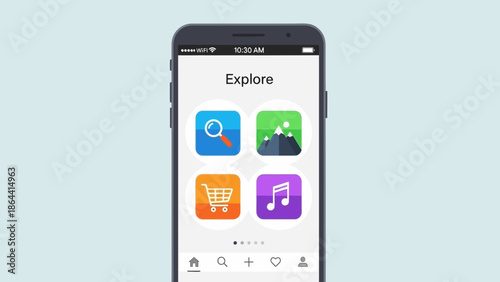 Smartphone displaying an app interface with colorful icons related to exploration and multimedia
