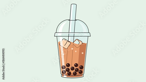 Refreshing iced bubble tea with tapioca pearls in a modern transparent cup design