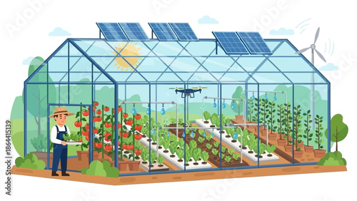 Innovative sustainable greenhouse with solar panels and drone crop monitoring technology