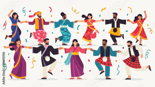 Vibrant traditional cultural dance celebration featuring diverse dancers in festive attire
