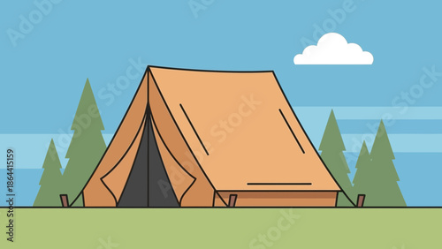 Serene landscape featuring a rustic camping tent amid lush greenery and soft sky