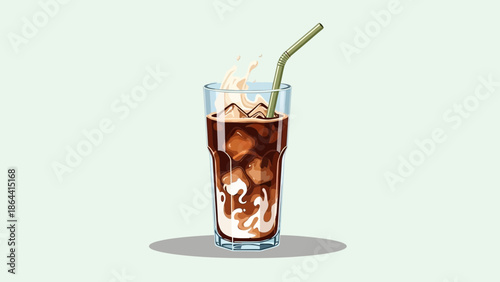 refreshing cold iced coffee beverage with ice cubes and a straw in a tall glass on light background