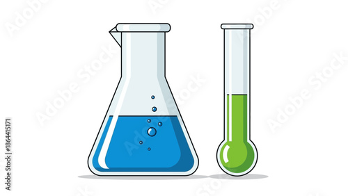 Illustration of Laboratory Glassware Featuring Blue and Green Liquids for Science Experiments and