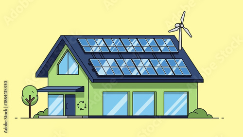 Modern eco-friendly house with solar panels and wind turbine in bright yellow setting