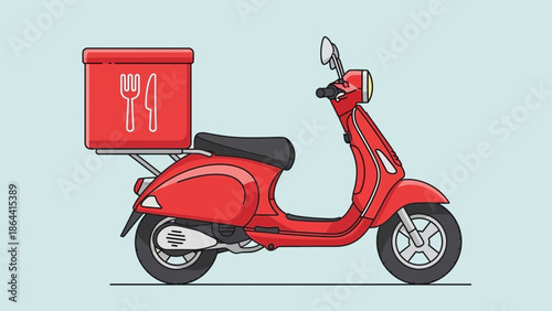 Modern red scooter equipped with food delivery box for urban transportation efficiency