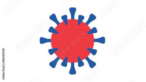Simplified illustration of a virus particle with a red core and blue spike proteins on a white