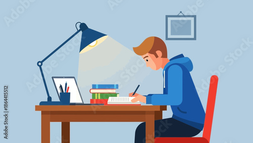 Young person focused on studying at a tidy desk with books and a laptop in a cozy room under a