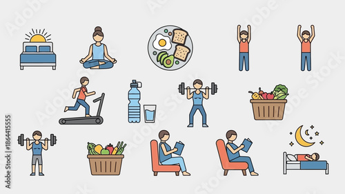 Simple daily routine activities and self-care illustrations in a minimalistic style