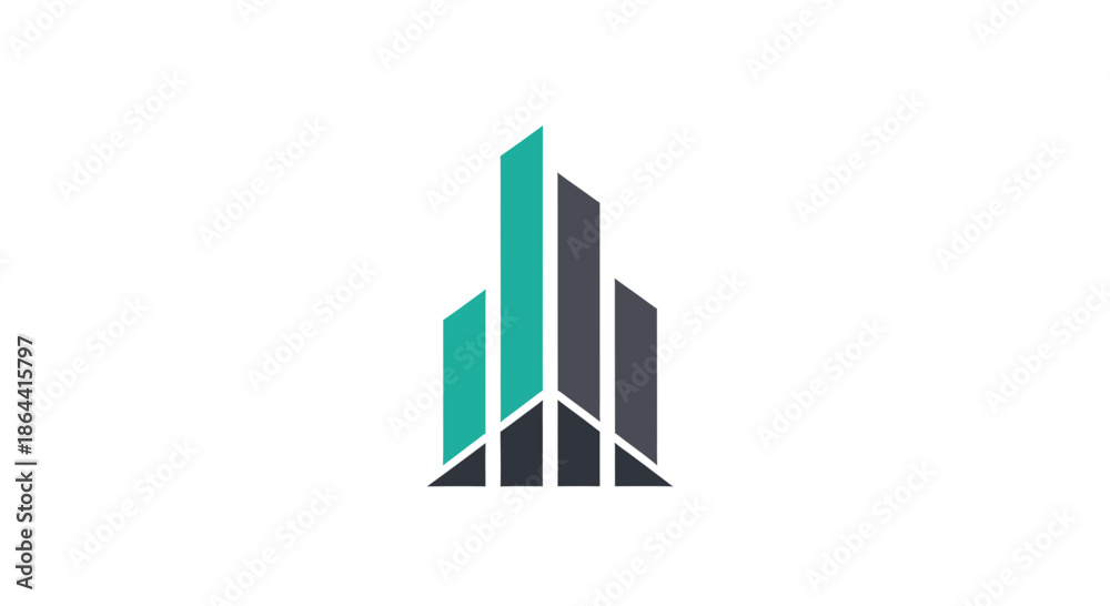 Fototapeta premium Abstract Geometric Skyscraper Building Logo Design Against A Clean White Backdrop