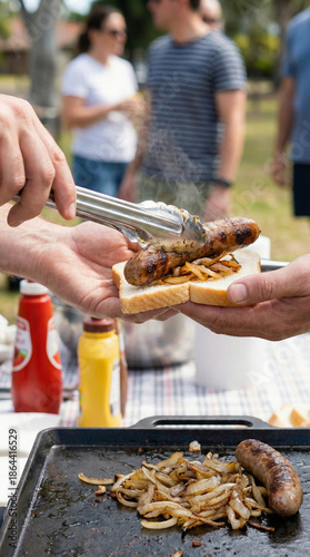 Australian sausage sizzle being served in bread with onions at a community fundraiser