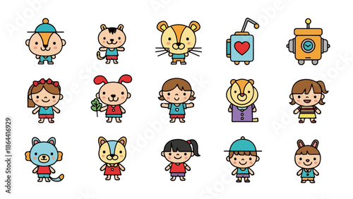 Cute Kawaii Doodle Characters Vector Set Children, Animals, and Whimsical Robots Collection