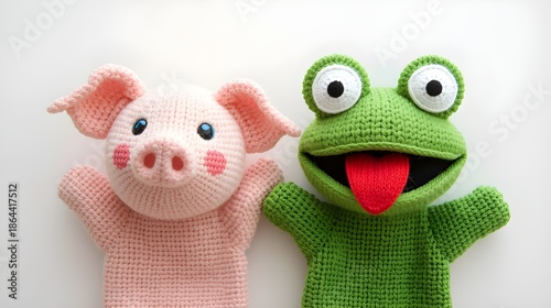 Cute sock puppets on hands. Playful, creative art featuring pink pig and green frog sock puppet characters. Concept for fun, play, creative activity for kids, National Sock Day. Happy puppet show.