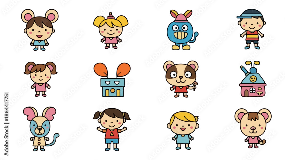 Fototapeta premium Cute Chibi Cartoon Characters and Anthropomorphic Animal Avatars Collection