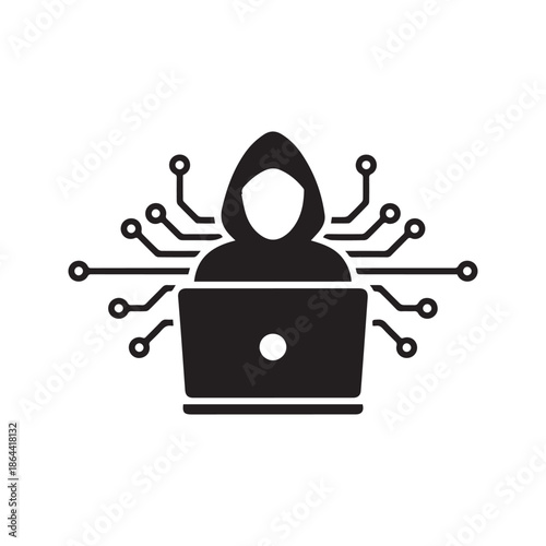 Hacker Icon Vector. Cyber criminal with laptop symbol. Computer security breach sign with circuit network lines. Hooded user silhouette illustration.
