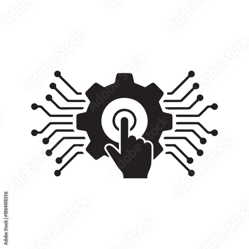 Digital Technology Integration Icon Vector. Hand touching gear with circuit lines. Automation system control symbol. Technical support sign isolated on white background.
