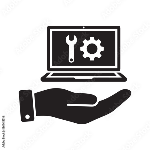 IT Technical Support Icon Vector. Computer repair service symbol. Hand holding laptop with wrench and gear. System maintenance sign.
