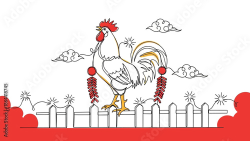 rooster standing on fence with red flowers