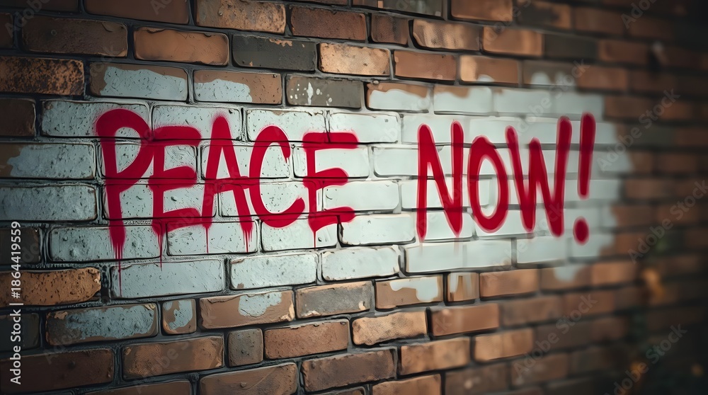 Obraz premium Red “Peace Now!” graffiti spray-painted on a brick wall. Urban street art with a bold political message promoting anti-war activism, unity, and an urgent call for peace.