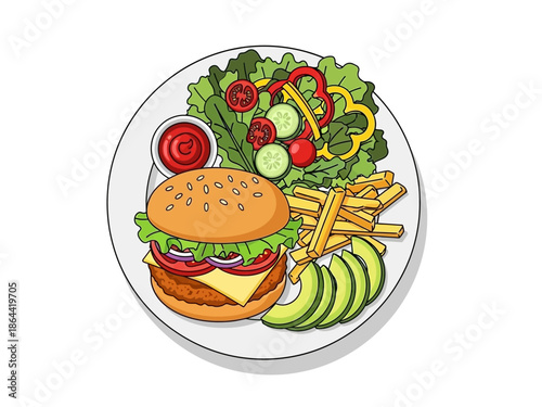 Delicious Burger with Salad and Fries Illustration, a mouthwatering culinary composition
