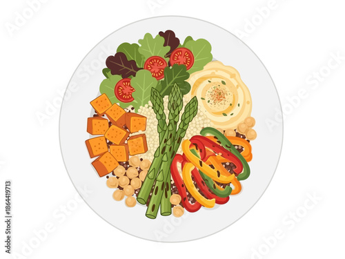 Healthy Vegan Bowl Colorful Veggies, Chickpeas, and Hummus