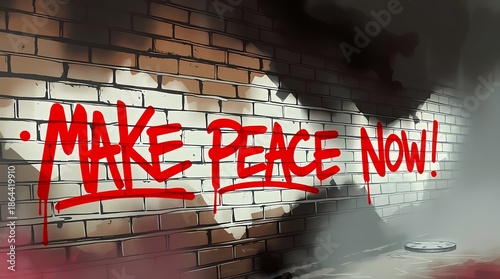 Illustration of Red “MAKE PEACE NOW!” graffiti spray-painted on a brick wall. 