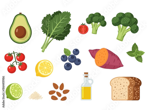 Nutritious food items including vegetables and fruits for healthy life