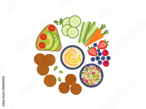 Colorful Vegetarian Platter with Falafel, Hummus, and Fresh Produce