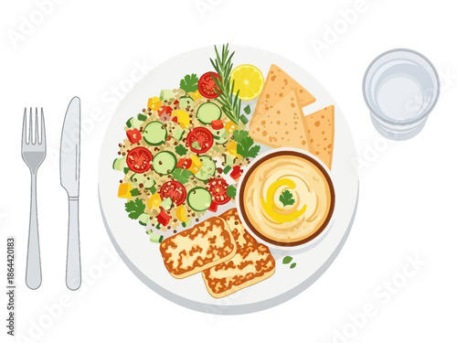 Vibrant Plate of Mediterranean Inspired Cuisine Illustration